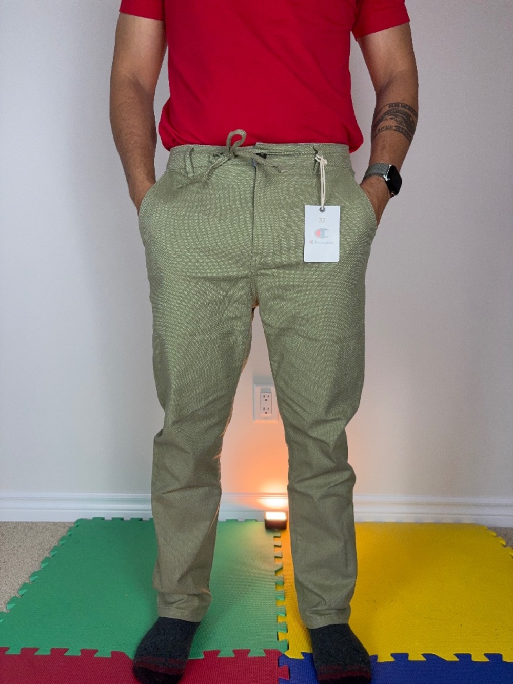NWT Champion Casual Oxford Cotton Olive Green Drawstring Trousers